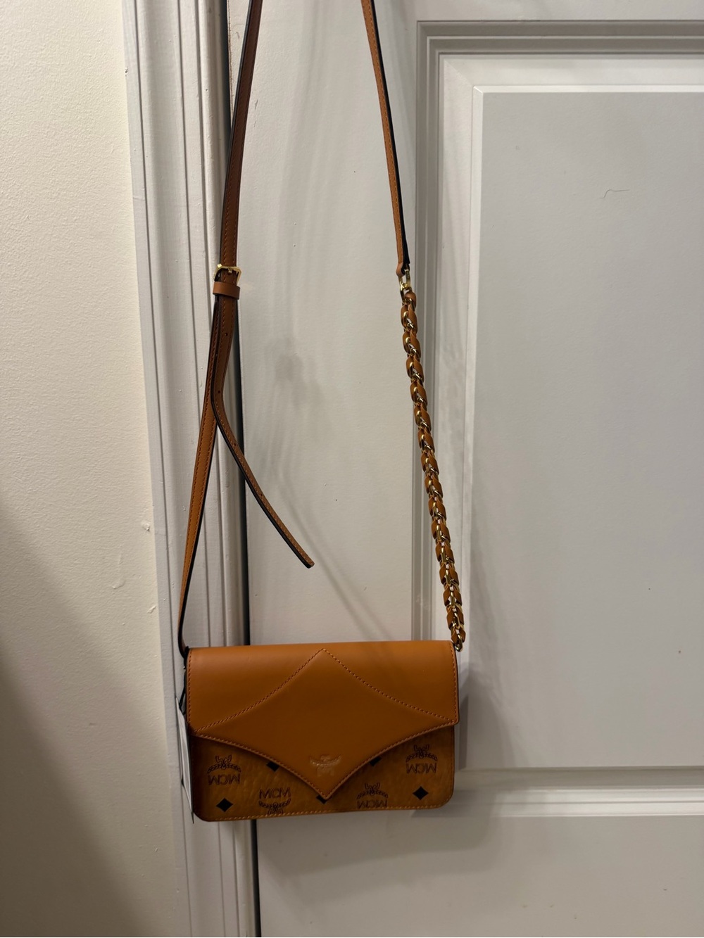 MCM Tan Visetos Crossbody Bag with Gold Chain Strap - Picture 9 of 12